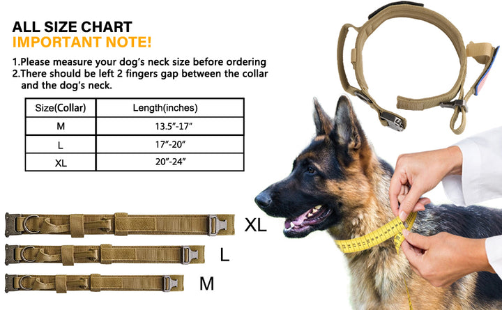 Tactical Dog Collar with 2 Patches. Crafted from high-quality 1680D nylon material, this military-inspired collar is designed for both style and functionality. size