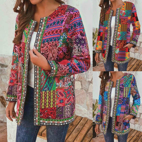  Jacket Coat Women Autumn Winter Ethnic Floral Print Long Sleeve Loose Jacket Retro Cotton Linen Cardigan Outerwear 5XL