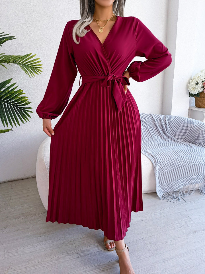 V Neck Large Hem Pleated Long Dress red color |Crezy Line | High quality