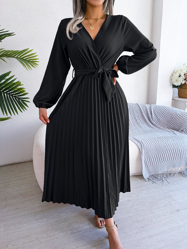 V Neck Large Hem Pleated Long Dress black color  |Crezy Line | High quality