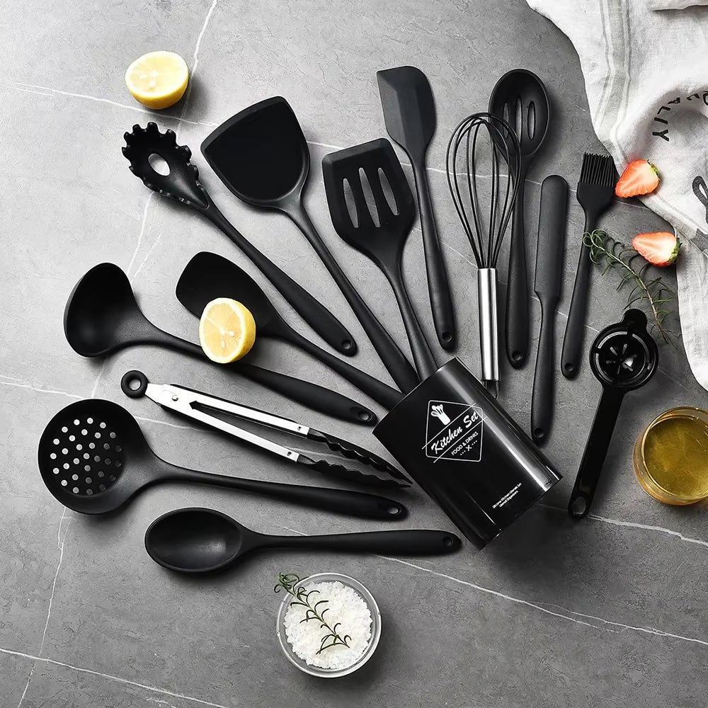 15Pcs Khaki Food Grade Silicone Kitchen Cookware Utensils Turner Spatula Soup Spoon Practical Cooking Tool Kitchenware Set